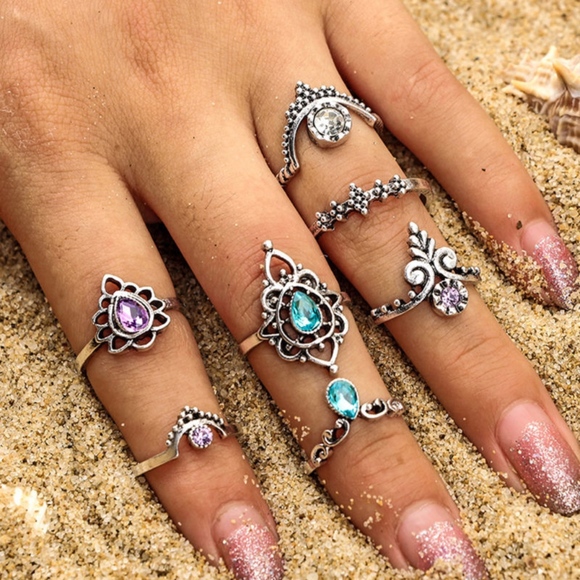 🌺 7PC: CELTIC RINGS PURPLE BLUE MIDI BOHO BOHEMIAN BUNDLE SET LOT INDIA GEM - Picture 7 of 7